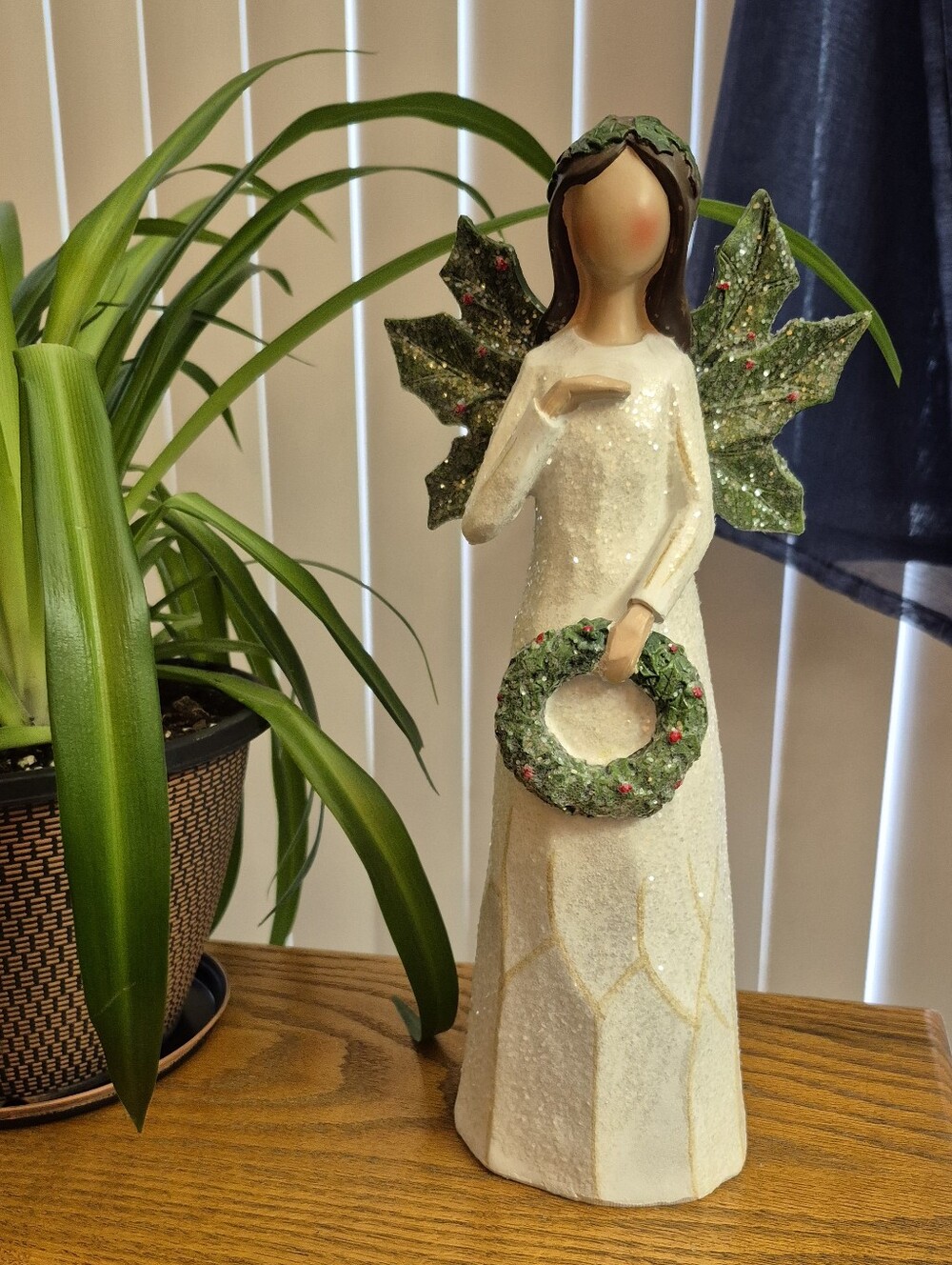 Holiday Angel Figurine with Green Wreath - White With Sparkles. NEW WITH TAG